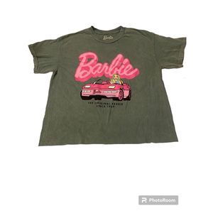 New Barbie Crop Top Car Green Gray Graphic Lettering Logo Cotton Shirt Medium